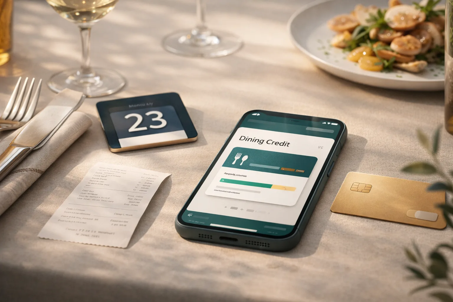Dining table with a phone showing a dining credit tracker, a receipt, and a generic gold credit card.