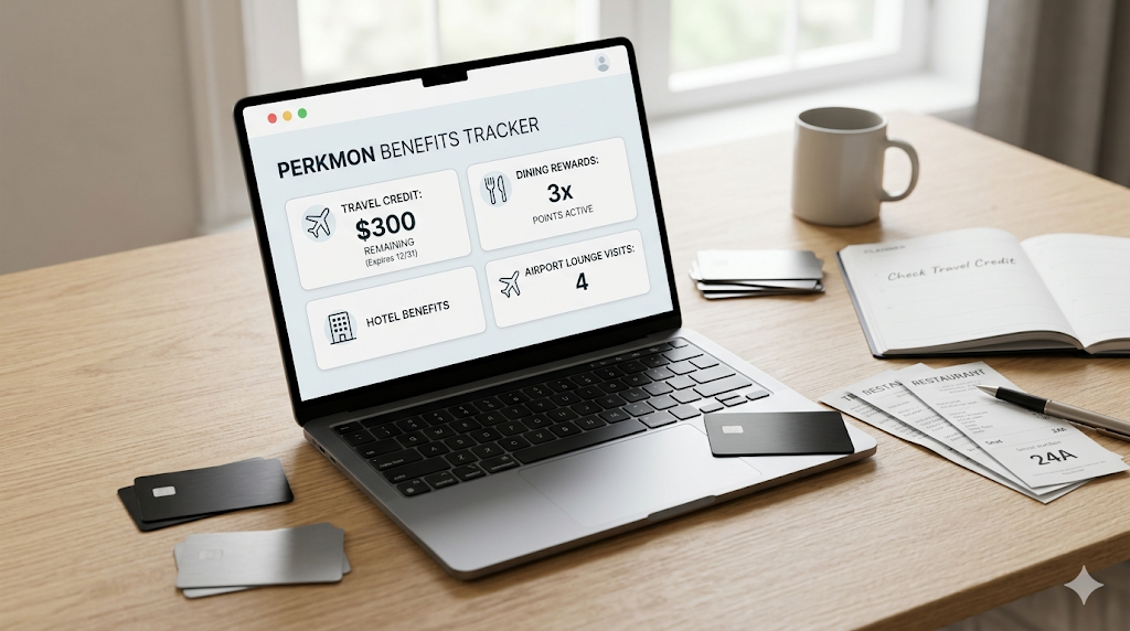 Benefits tracking dashboard with generic cards, credit card benefits, reminders, and perk status sections.