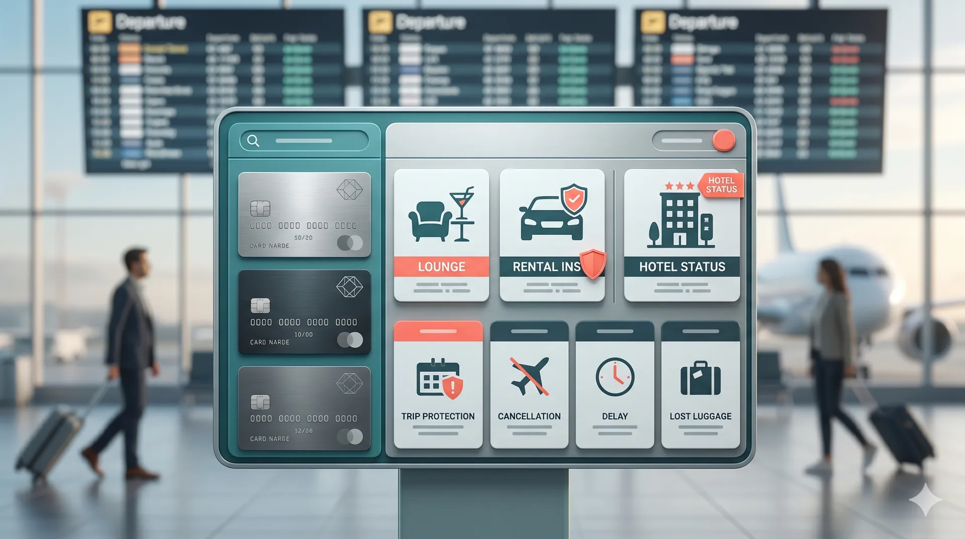 Airport benefits dashboard showing generic travel cards, lounge access, rental insurance, hotel status, and trip protection.