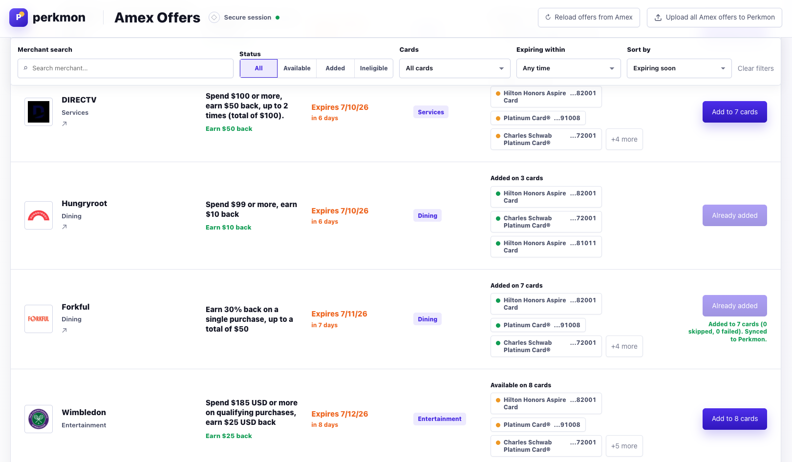 Perkmon Offer Console showing Amex offers with merchant search, status filters, card-level availability, and explicit add actions.
