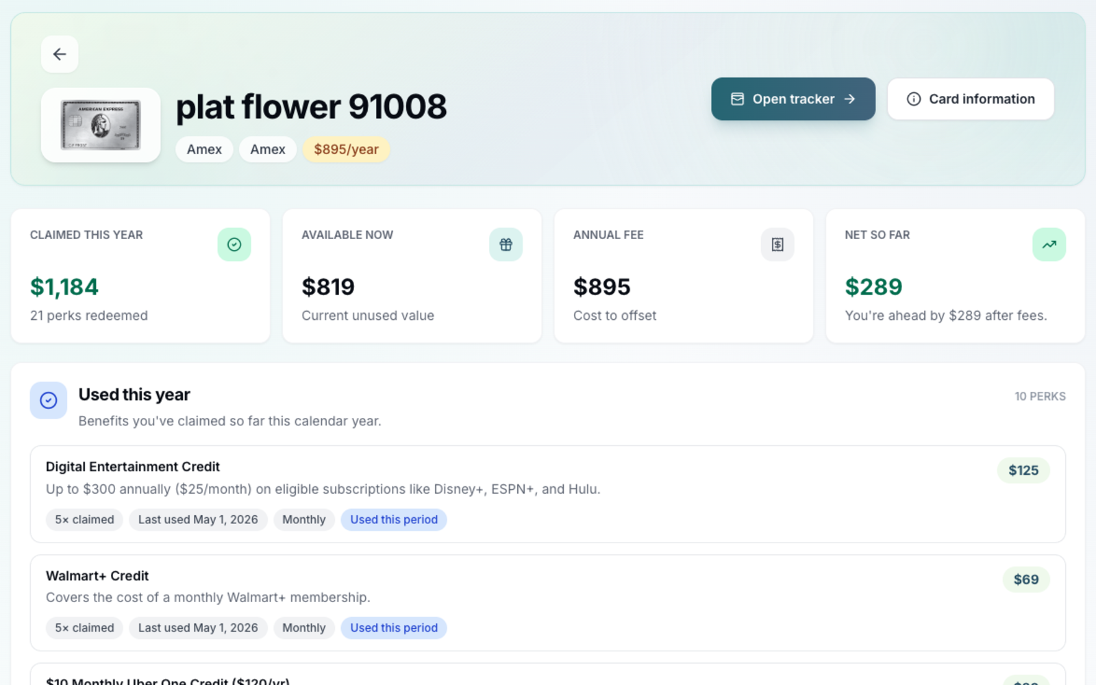 Perkmon card detail screenshot showing claimed value, available value, annual fee, and net value so far.